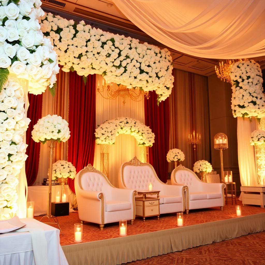 Reception stage with floral arrangements