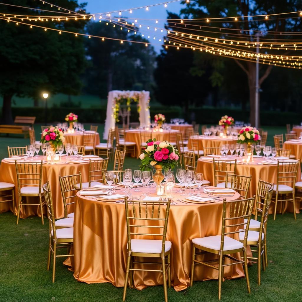 Lawn dining setup with fairy lights